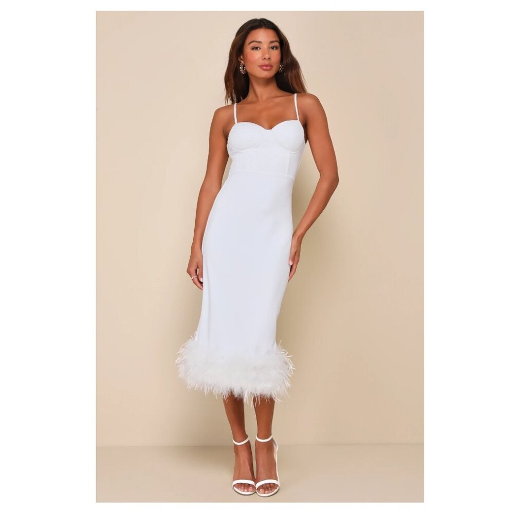 Lulus Passion For Glamour White Sleeveless Bustier Feather Midi Dress - Size S